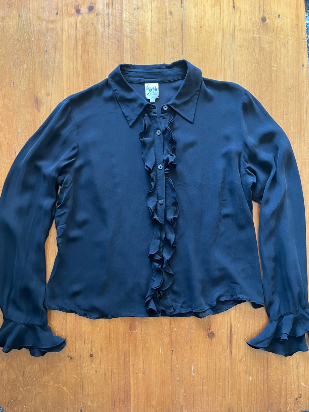 100% Silk Sash Authentico Femminile Vintage Black Ruffle Button-Front Blouse XL